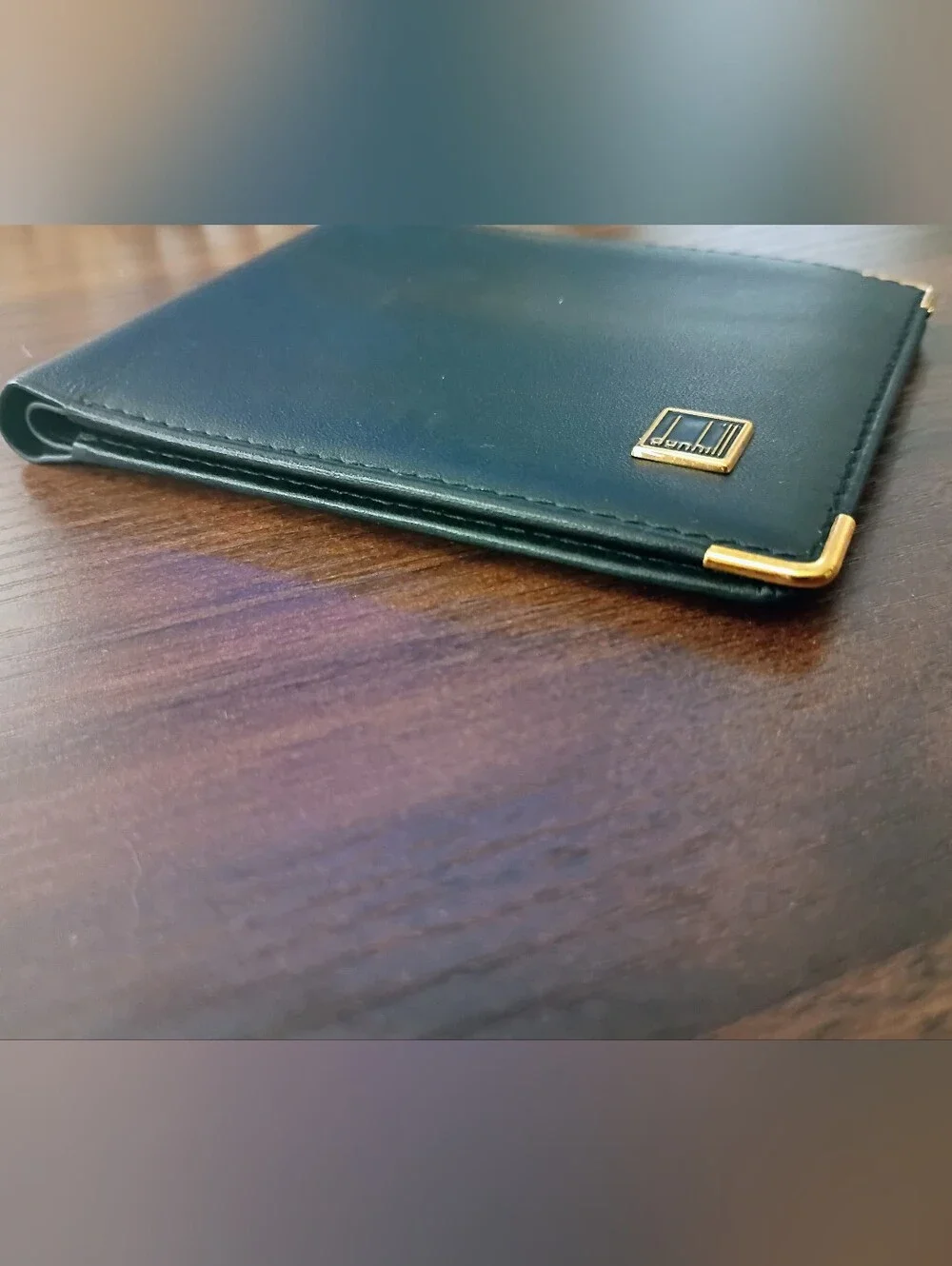 Dunhill Men's Black Leather Bi-Fold Wallet - Gold Corner Accents -  Excellent !